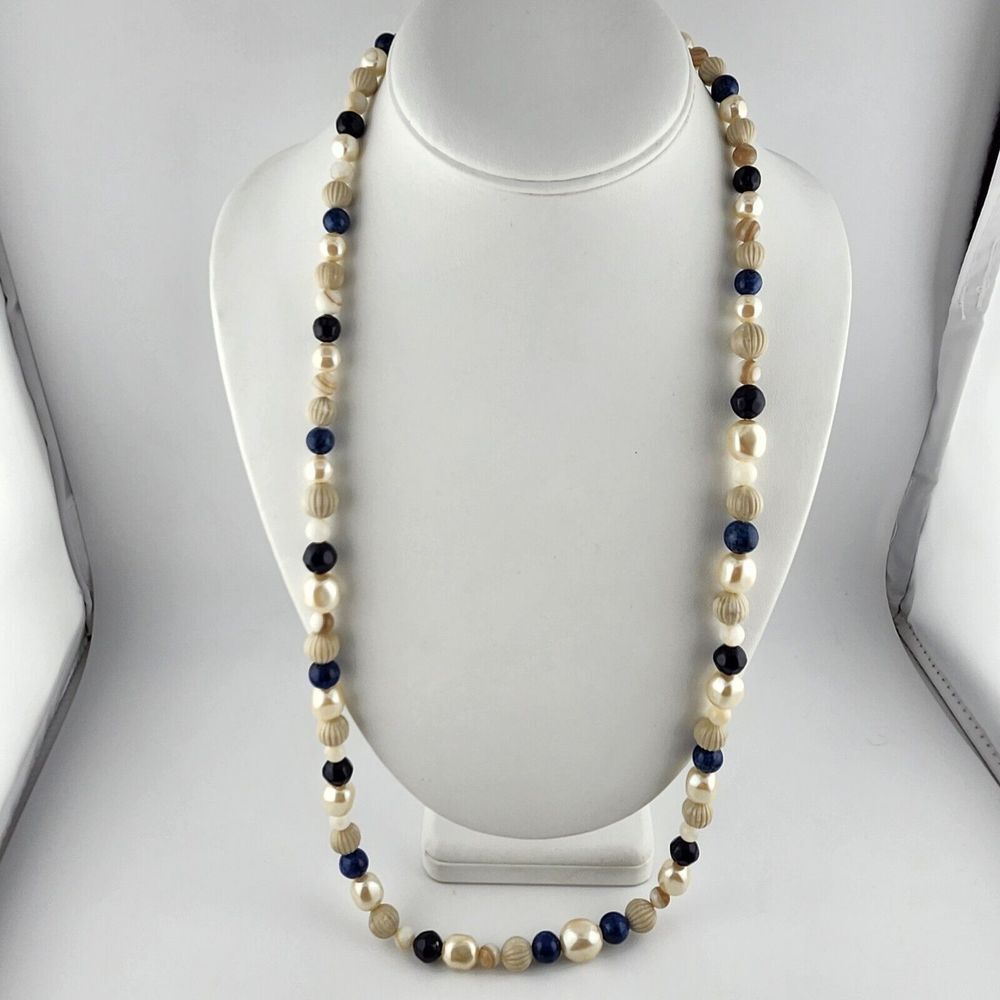 LIZ CLAIBORNE Black Cream‎ Blue Bead Necklace